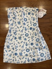Jessica Simpson Linen Blend Dress Blue White Coastal Euro Vacation L NWT
