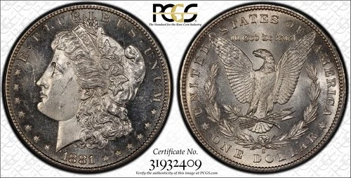 1881-S Morgan Silver Dollar PCGS MS62 Proof-Like Fields on Obverse