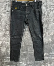 G-Star RAW 3301 Slim Jeans Black Coated Denim W31 L32 Zip Hem Cinch Strap
