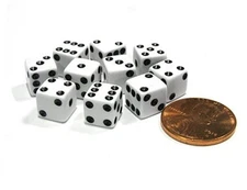 Set of 10 8mm Six Sided D6 Small Square Dice White with Black Pips by Koplow 