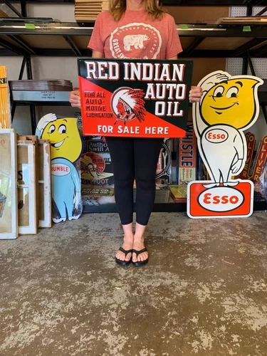 Antique Vintage Old Style Sign Red Indian Oil Sold Here Made USA