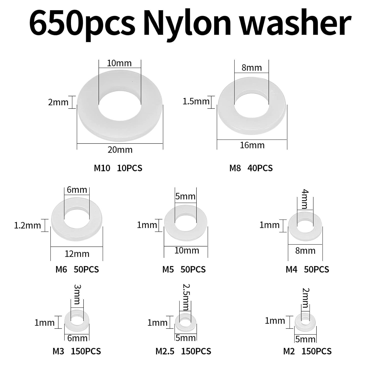 YOUYIDUN-650 Pcs White Nylon Flat Washer Assortment Kit, Round Nylon... 