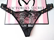 VICTORIA'S SECRET VERY SEXY Black Grommet Lace V-String Thong Panty S M L XL VS