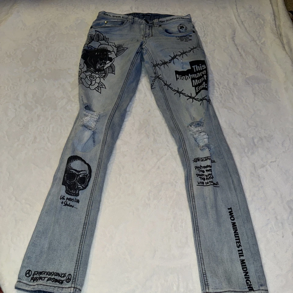 Pantalones de mezclilla ajustados para hombre Ninth Hall Rogue estampado gráfico lavado largo talla 30 W grunge gótico Foto 3 de 4