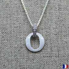 Collier Pendentif Céramique Blanche Argent 925 Rhodié Zirconium Fin Minimaliste