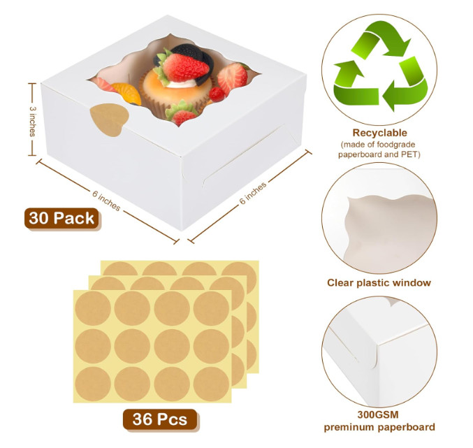 30 Pcs White Bakery Boxes with Window, 6 X 6 X 3 Inches, White Paperboard Tre...