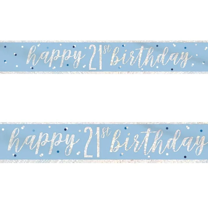 Happy 21st Birthday Blue Silver 9ft foil Banner Party Decoration Holograpic 21