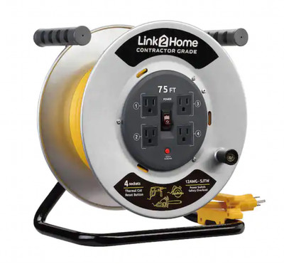 Link2Home 75 ft. 12/3 Extension Cord Storage Reel 4 Outlets Circuit Breaker New