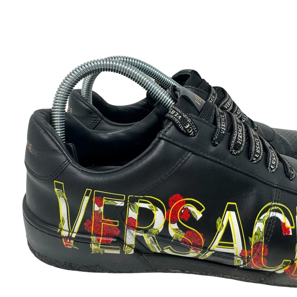 Versace Black Leather Floral Logo Low Top Sneakers Size 41 Men’s 8 Women’s 11 - Image 2 of 4