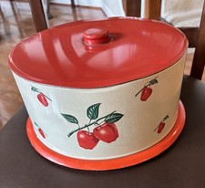 Vintage 1950's Decor ware USA Red Apples Cake Holder Metal  Lidded Cake Carrier