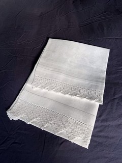 2 Vintage Victorian Irish Linen Damask Huckaback Hand Towels Crocheted Edgings