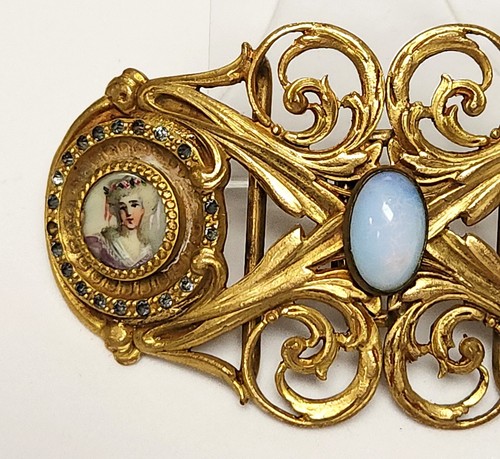 1870's Piel Freres Hand Painted Figural Ladies Paste Sash Belt Buckle France - Picture 9 of 14