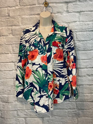 Tommy Bahama 100% Linen Floral Tropical Long Sleeve Palm Leaf Shirt Womens M - 第 1/7 張圖片