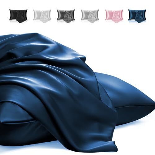 2 Pack Silk Satin Cooling Pillowcases for Hair and Skin, Standard Navy Blue
