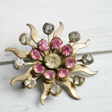 Vintage metal Pin Brooch Pink Flower Floral Matte Stones Rhinestones