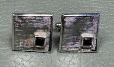 Vintage Brushed Finish Black Onyx Wavy White Gold Plated Cuff Links