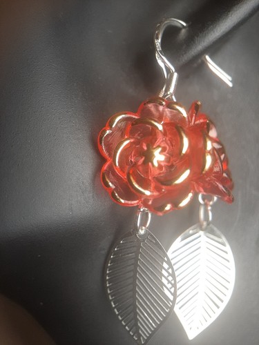 Earrings,hook and leaf 925 silver,lovely rose - Picture 4 of 4