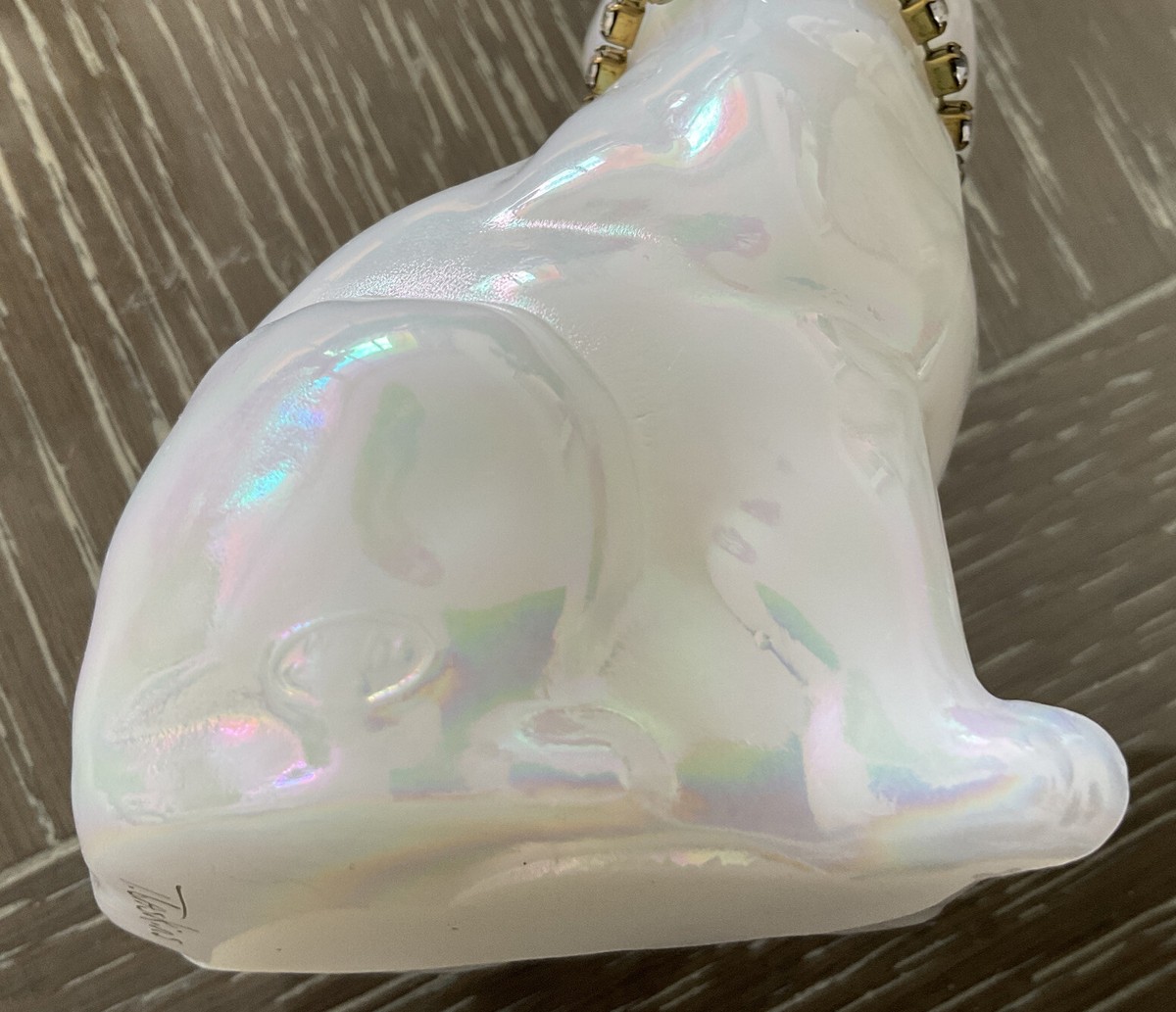 Fenton Figurine Cat Iridescent White Artist Signed T Gaskins Fenton Figurine Cat Iridescent White Artist Signed T Gaskins