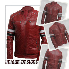 Men's Genuine Motorcycle Stand Collar Red Biker Leather Jacket  Striped Sleeves.