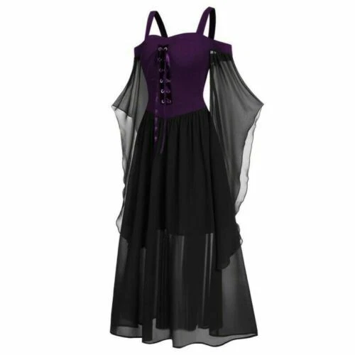 Kleider Plus Gothic Halloween Kleid Schnürärmel Fledermaus Damen Cold Shoulder - Bild 7 von 20