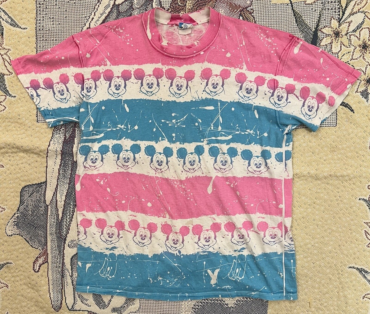 VTG 80s 90s DISNEY Mickey Mouse AOP Face Pink Blue Striped