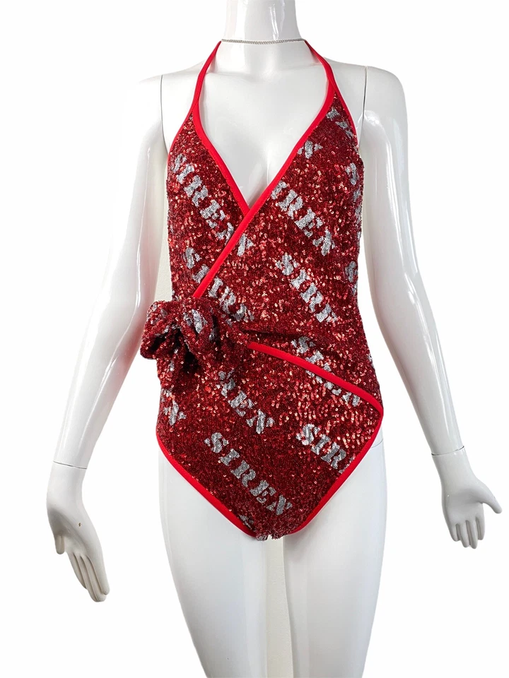 MOSCHINO Siren Hollywood Stencils Sequins One-piece Swimsuit In Bright Red - Image 2 of 4