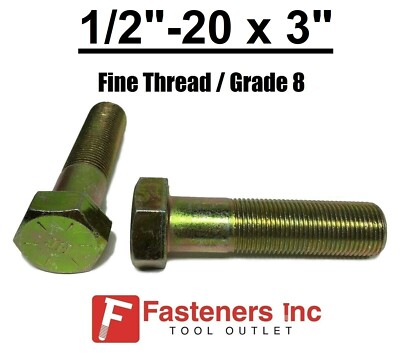 1/2-20 x 3'' (PT) Hex Bolt Yellow Zinc Plated Grade 8 Cap Screw Fine Thread