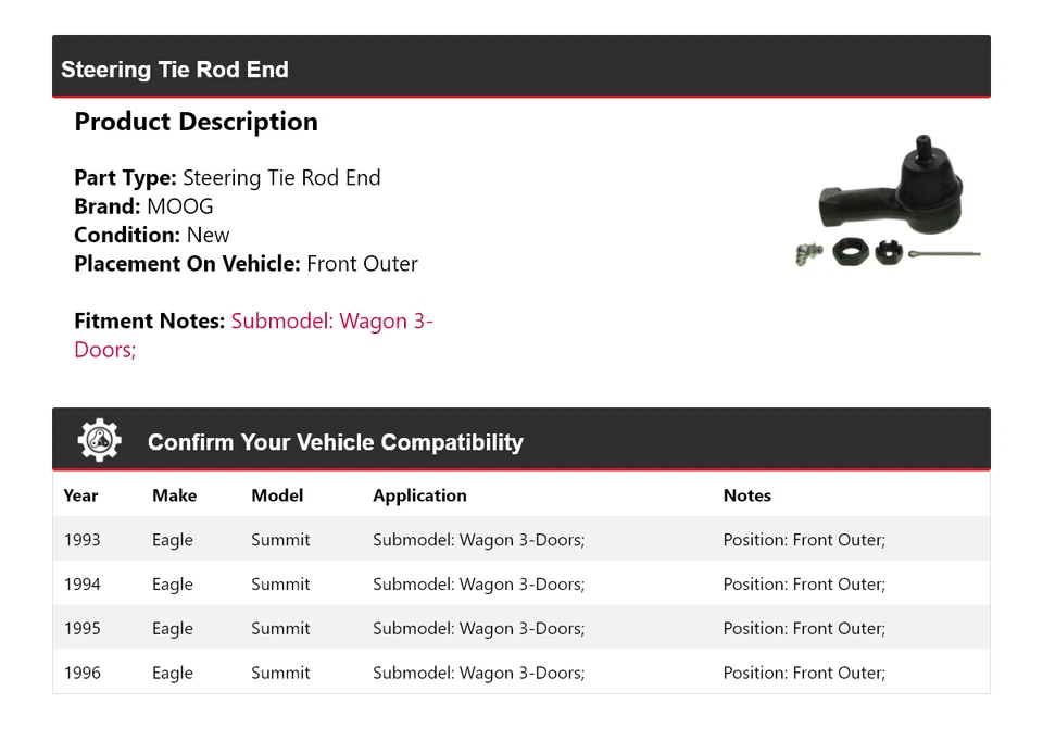 Para Eagle Summit Wagon 1993-1996 3 puertas extremo de barra de dirección delantero exterior MOOG Foto 2 de 4