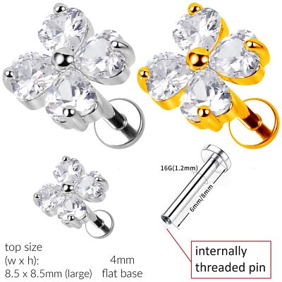Tiny CZ Leaf Flat Back Labret Stud – 16G, Internal Thread, For Tragus, Lip, Cartilage