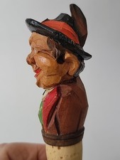 Vintage Anri Carved Wood Alpine Man Feather Hat Bottle Stopper
