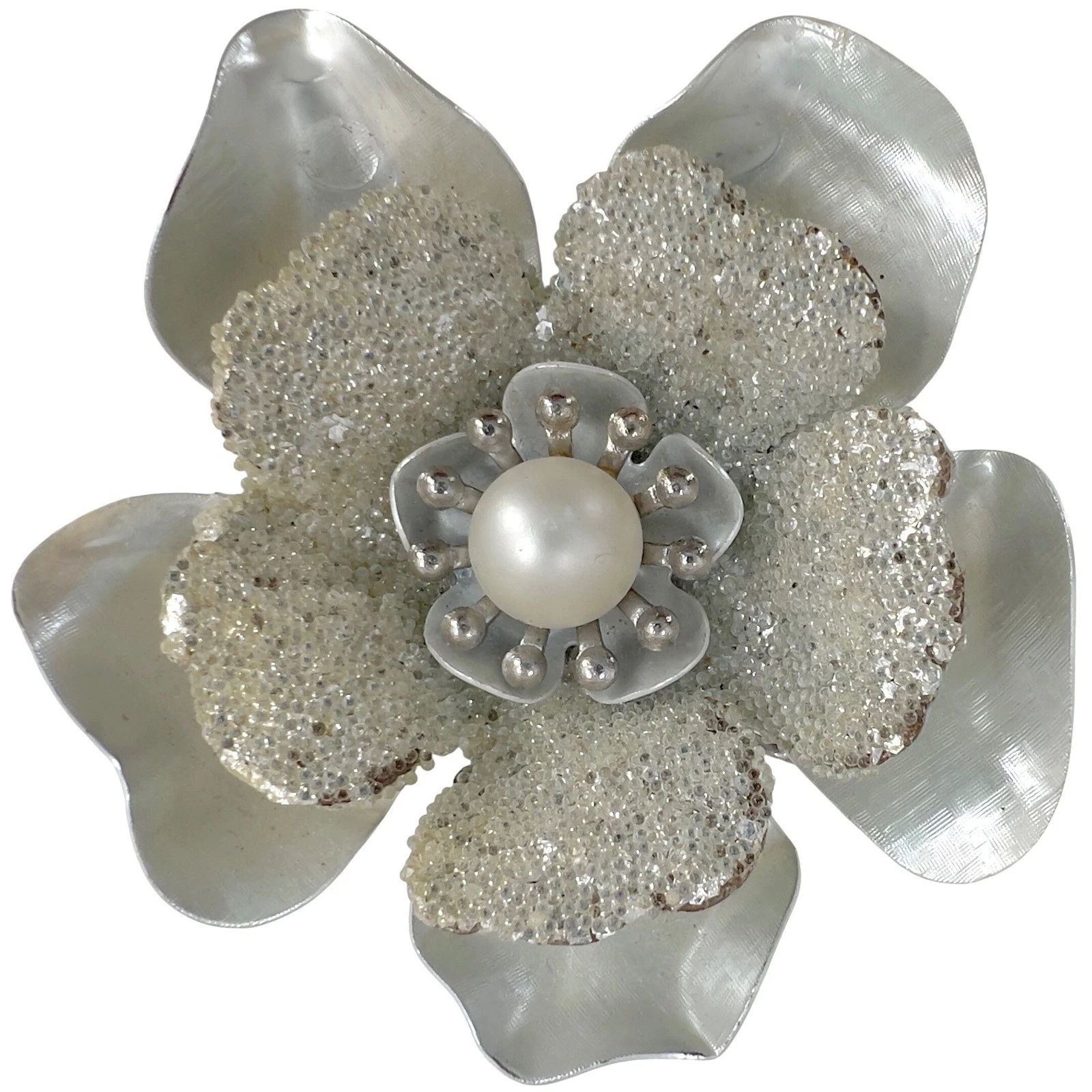 Vintage Silver Enamel Layered Flower Brooch Pearl Center Glass Bead Texture