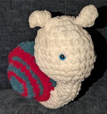 Handmade Crochet Snail Stuffed Animal Red White  Blue 10" Length 7" Tall Cute