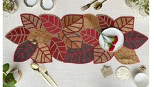 TBS Multi Color Leaf Design Hand Crafted Table Runner Fully Beaded 13" x 36"