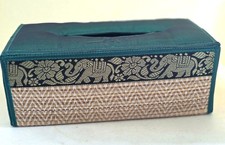 Tissue Box-Rectangle Boxes-Woven-Elephants-Green Satin Like Material-Side Load