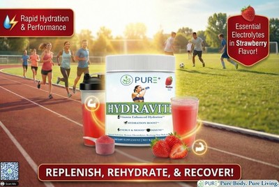PURE Hydravite Electrolytes, Vitamins, Hydration, Energy, Strawberry, 60 Serv!