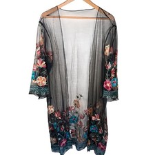 Floral Embroidered Mesh Kimono Women One Size Black Sheer Festival Boho Fairy