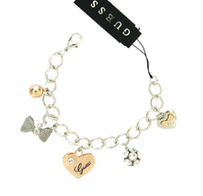 NEW GUESS SILVER,ROSE GOLD TONE HEART,BOW,CRYSTAL BALL DANGLE CHARM BRACELET
