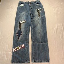 VTG Y2K BAGGY WIDE LEG EMBROIDED- PANELED JEANS - / CYBER STREETWEAR 30x32