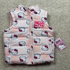 Hello Kitty Girls Pink Checkered Puffer Vest Zip Up Sleeveless Jacket Size 4/5