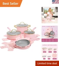 Gorgeous Pink Nonstick Cookware Set - 12-Piece Multi-layer with Glass Lids