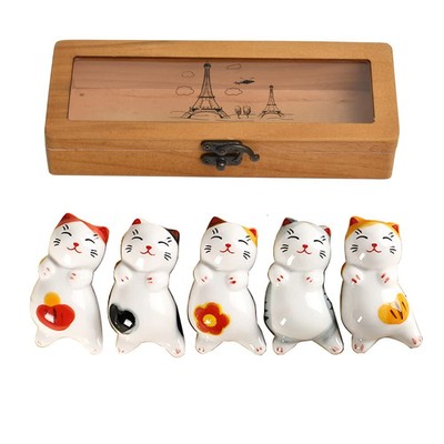 5 pcs Japanese Cute Fat Cat in Box Set Ceramic Chopsticks Rest Spoon Fork Kni...