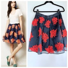 Anthropologie Maeve Pome Blossom Embroidered Tulle Full Skirt in Blue  Hot Pink