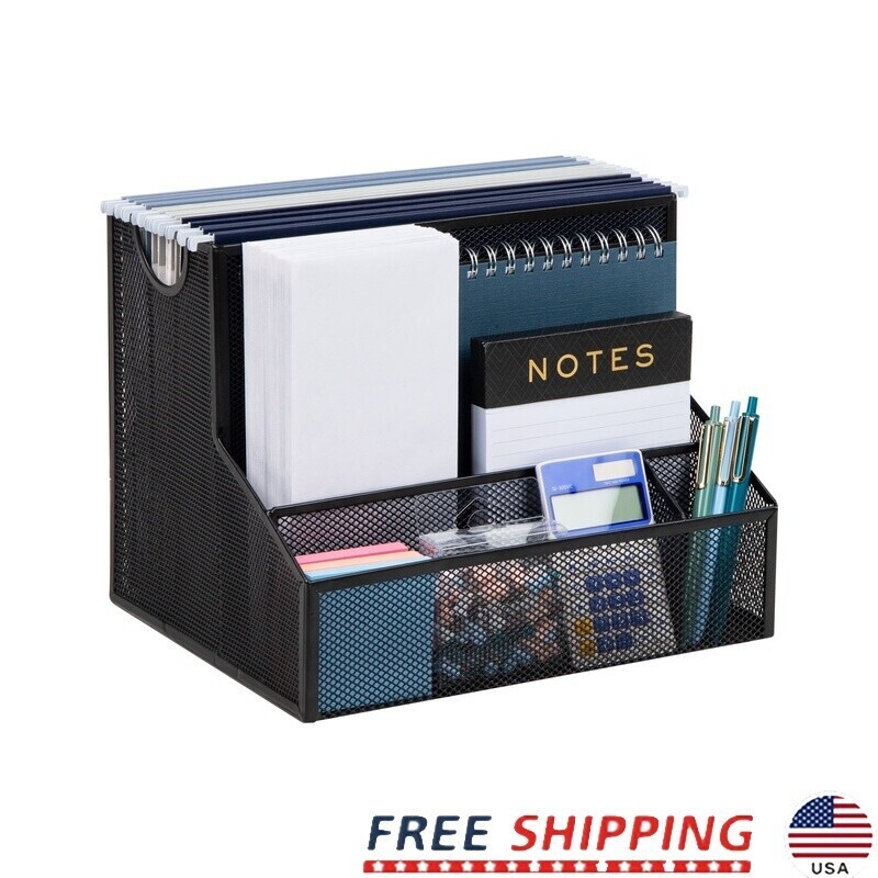 4-Compartment Metal Desktop Organizer Letter Size Office File Storage Accessory