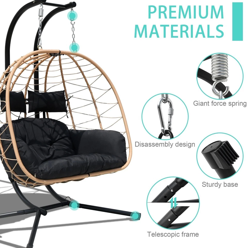 Silla Colgante Doble Patio 2 Personas Columpio Mimbre Huevo Silla con Cojín Negro Foto 4 de 4