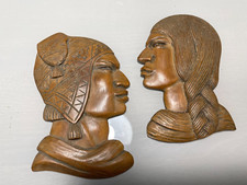 SIGNED VINTAGE NATIVE SOUTH AMERICAN CARVED WOOEN MALE & FEMALE FACE PLAQUES