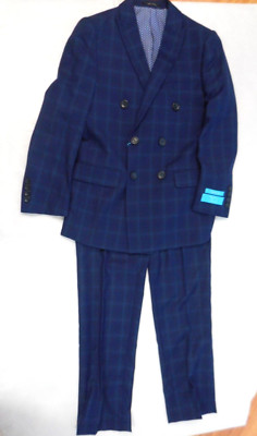 Boys T.O. Navy Plaid Jacket & Pants 2PC. Suit Slim & Classic Sizes 8 - 20