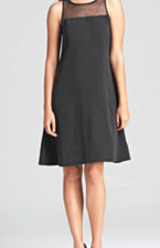 $338 NWT Eileen Fisher Silk Georgette Crepe BLACK Dress Mesh Yoke PM
