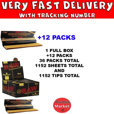 Raw Black Classic King Size Slim+Tips  Rolling Papers 1 Full Box + 12=36 Packs
