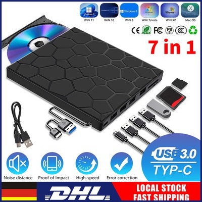 7 in 1 Externes CD/DVD Laufwerk USB 3.0 Brenner Player für PC Laptop Windows 11