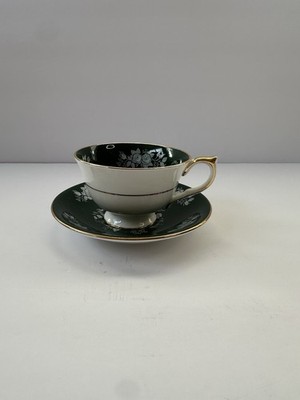 Aynsley Bone China Cup & Saucer Dark Green Floral Gold Trim England 2446
